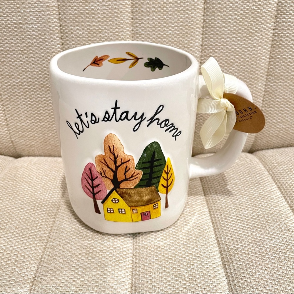 NEW Rae Dunn Lets Stay Home Autumn Cottage Ceramic Mug White Fall‎ Leaves